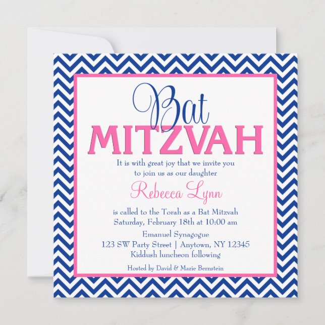 Chevron Navy Blue Pink Bat Mitzvah Invitation (Front)