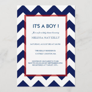 Chevron Navy & Red Nautical Baby Shower Invitation