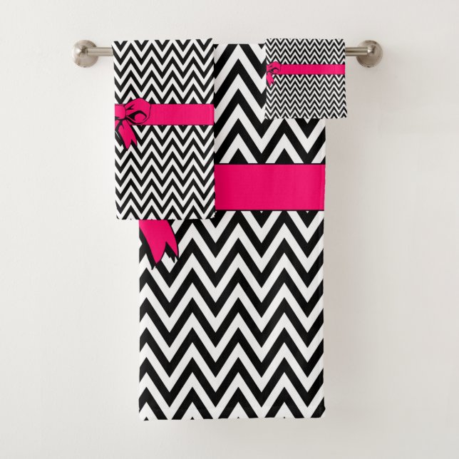 Chevron noir et blanc avec nœud rose vif (En situation)