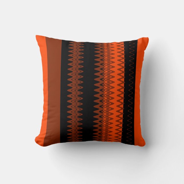 Chevron Orange, Black Zigzag Stripes Art Design Throw Pillow (Front)