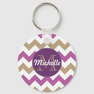 Chevron Orchid Champagne Monogram Circle Stitches Keychain