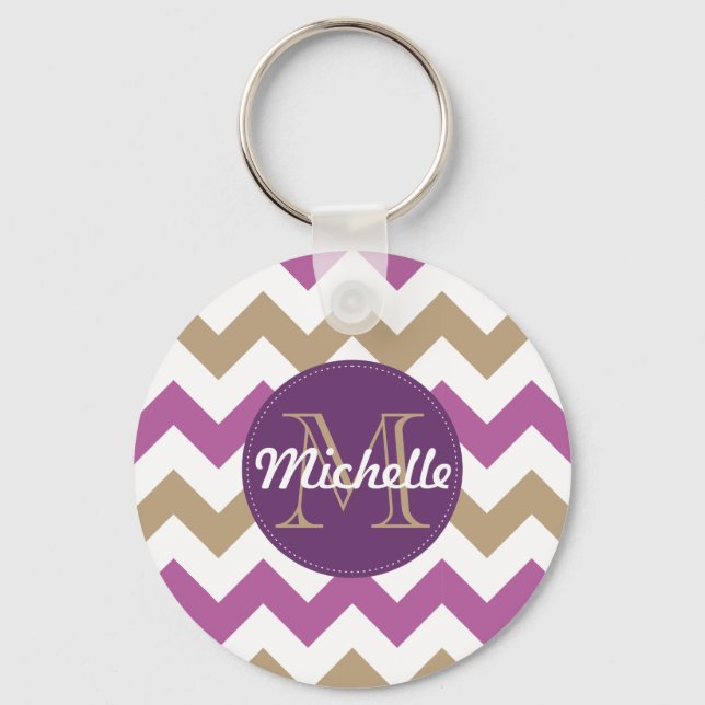 Chevron Orchid Champagne Monogram Circle Stitches Keychain (Front)