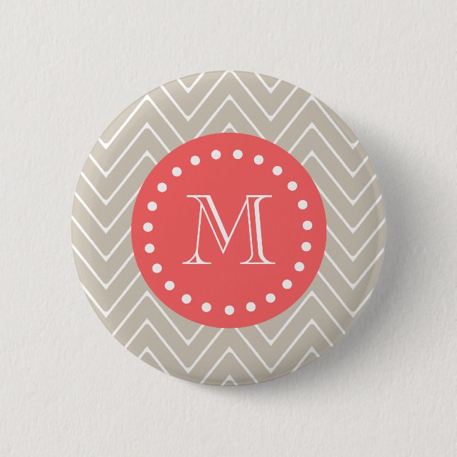Chevron Pattern 2A Monogram Beige Coral 2 Inch Round Button (Front)