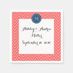 Chevron Pattern 2A Monogram Coral, Navy Blue Napkin