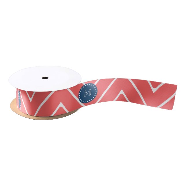 Chevron Pattern 2A Monogram Coral, Navy Blue Satin Ribbon (Spool)