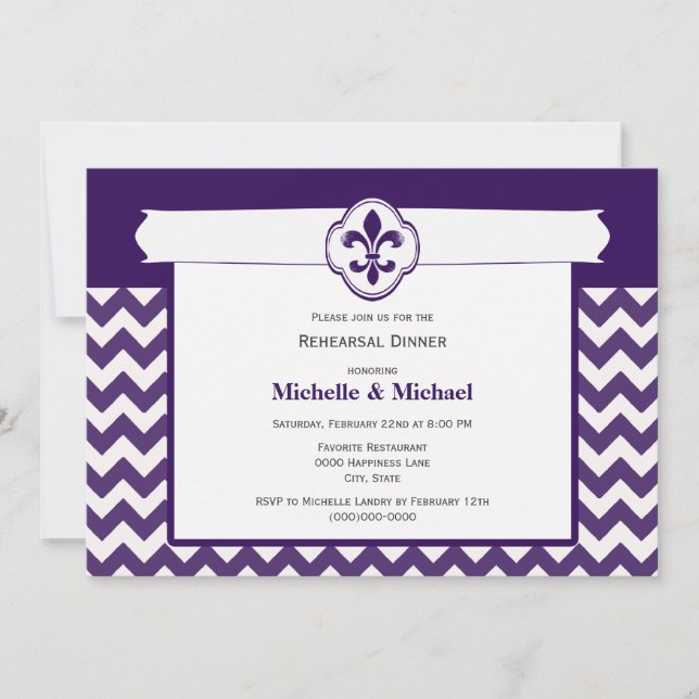 Chevron Pattern Fleur de Lis Event Purple White Invitation (Front)