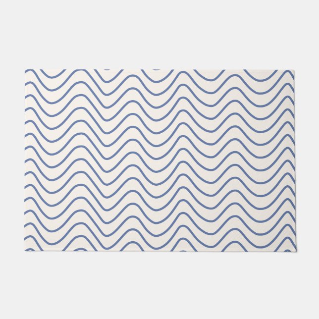Chevron Pattern Minimal Line Blue on Cream White Doormat (Front)