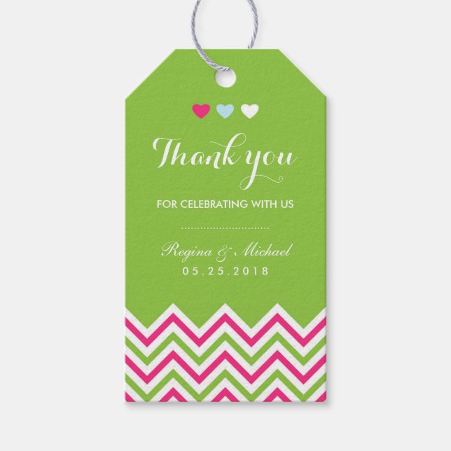 Chevron Pattern Pink and Green Wedding Gift Tag (Front)