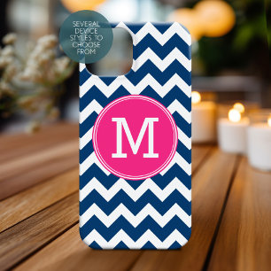 Chevron Pattern Triple Monogram - Navy Magenta iPhone 16 Case