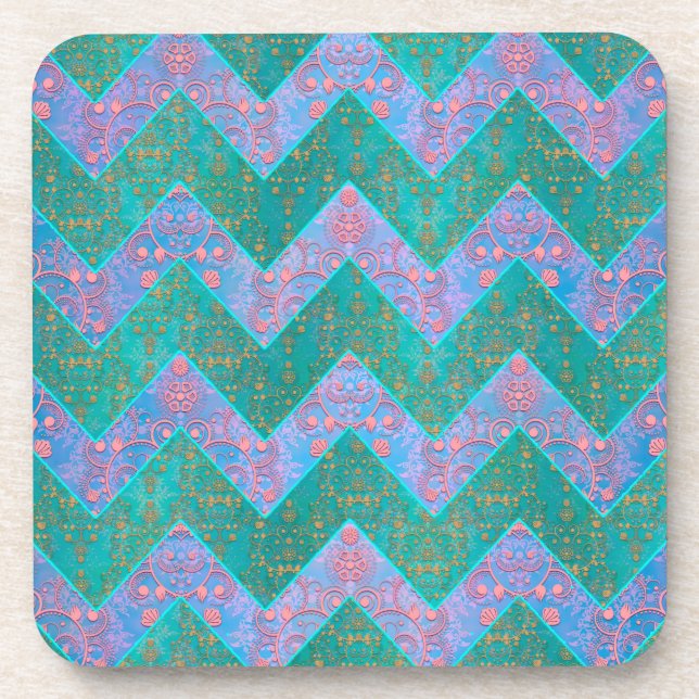 Chevron Pattern Turquoise Purple Blue Damask Coaster (Front)