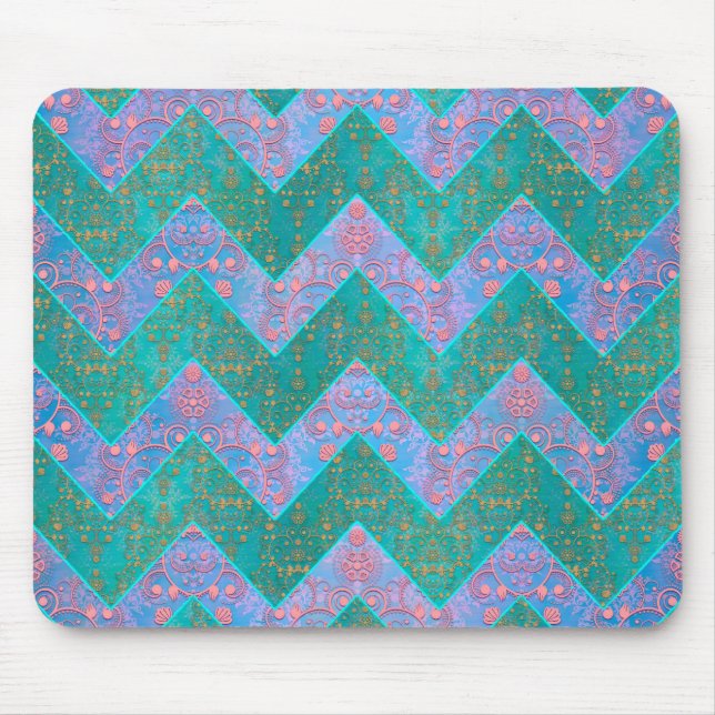 Chevron Pattern Turquoise Purple Blue Damask Mouse Pad (Front)