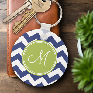 Chevron Pattern with Monogram - Navy Lime Keychain