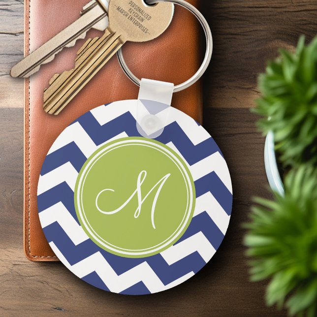 Chevron Pattern with Monogram - Navy Lime Keychain (Personalized Keychain - Add Name or Monogram)