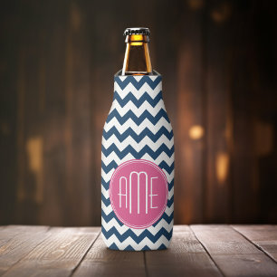 Chevron Pattern with Monogram - Navy Magenta Bottle Cooler
