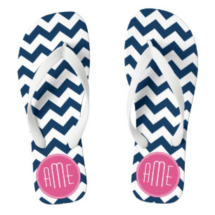 Chevron Pattern with Monogram - Navy Magenta Flip Flops