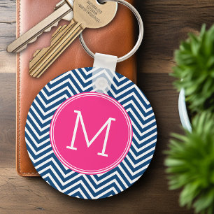 Chevron Pattern with Monogram - Navy Magenta Keychain