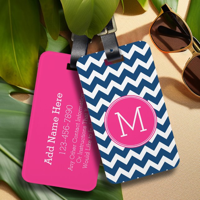 Chevron Pattern with Monogram - Navy Magenta Luggage Tag (Personalized luggage tag - Add Your contact information and monogram)