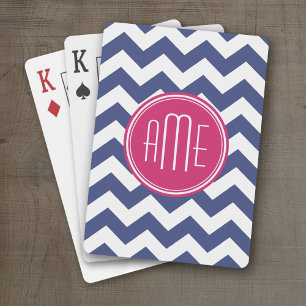 Chevron Pattern with Monogram - Navy Magenta Playing Cards