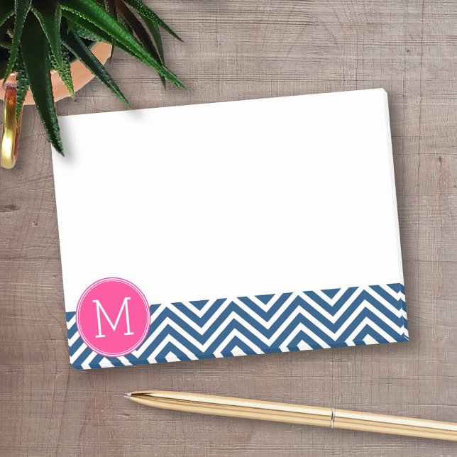 Chevron Pattern with Monogram - Navy Magenta Post-it Notes (Personalized post-it notes - add your name and other text)