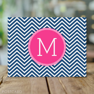 Chevron Pattern with Monogram - Navy Magenta Postcard