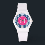 Chevron Pattern with Monogram - Navy Magenta Watch<br><div class="desc">A popular design with an area to add your initials. Trendy colours and patterns for your phone. If you need to adjust the monograms,  click on the customize button and make changes.</div>