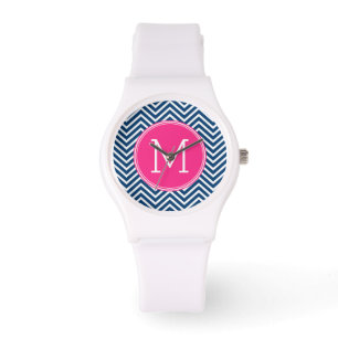 Chevron Pattern with Monogram - Navy Magenta Watch