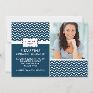 Chevron Photo Graduation Invitation - Blue & White