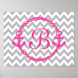 Chevron Pink Anchor Monogram Print