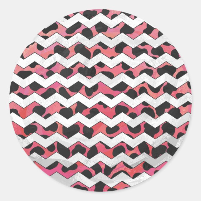 Chevron Pink and Black Dalmation Classic Round Sticker (Front)