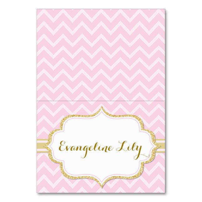 Chevron Pink and Gold Tent Table Card (Front)
