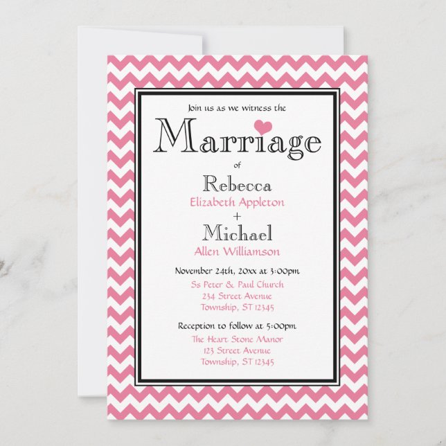 Chevron Pink & White Wedding Invitations (Front)
