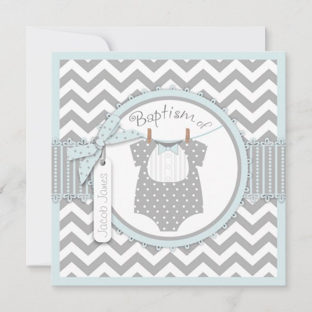 Chevron Print & Bow Tie Baptism Invitation SQ-BLGY (Front)