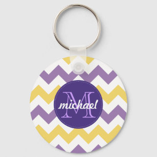 Chevron Purple Yellow Monogrammed Circle Stitches Keychain