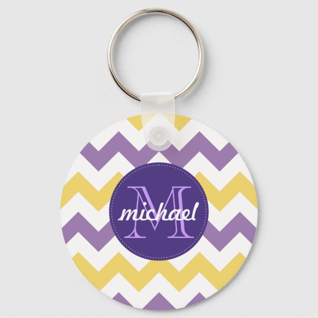 Chevron Purple Yellow Monogrammed Circle Stitches Keychain (Front)