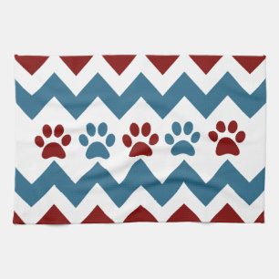 Chevron Red Blue Puppy Paw Prints Dog Lover Gifts Kitchen Towel