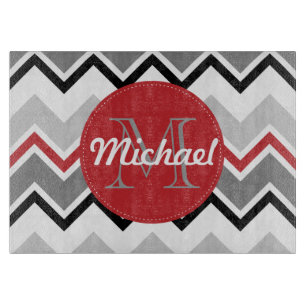 Chevron Red Grey Black Monogrammed Circle Stitches Cutting Board