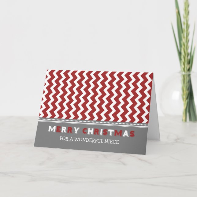 Chevron Red Grey Niece Merry Christmas Card (Front)