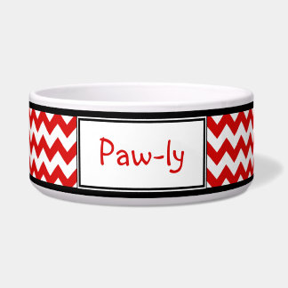 Chevron Red & White Personalized Dog Bowl