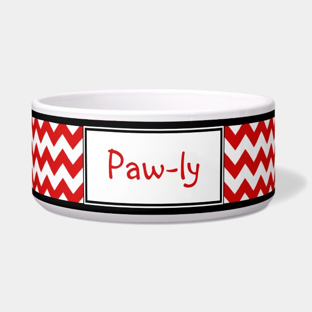 Chevron Red & White Personalized Dog Bowl (Front)