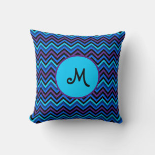 Chevron Rich Black, Very Pure Blue, Cyan Blue Throw Pillow