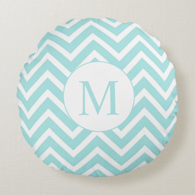 Chevron Round Monogram Pillow, Seafoam & White Round Pillow (Front)