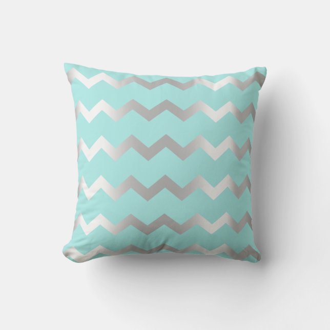 Chevron Silver Grey Aqua Water Metalic Lines Throw Pillow (Front)