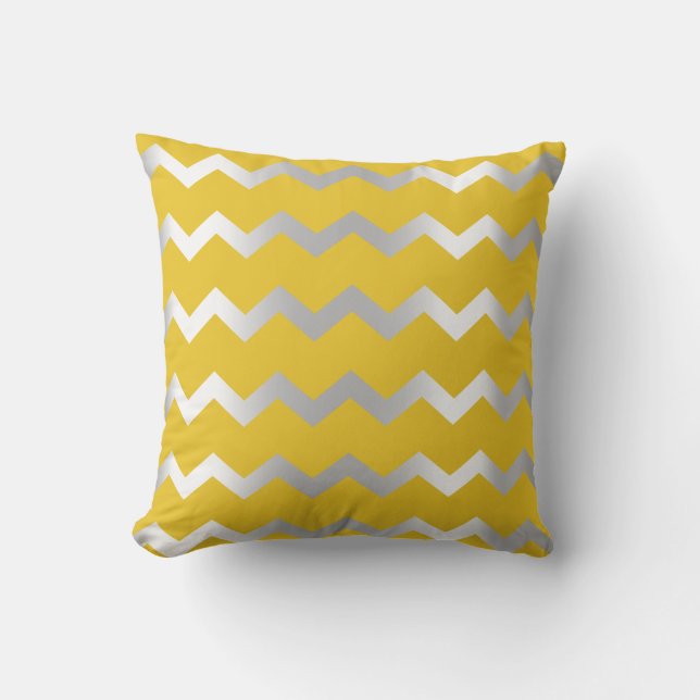 Chevron Silver Grey Graphite Yellow Metall Lines Throw Pillow (Front)