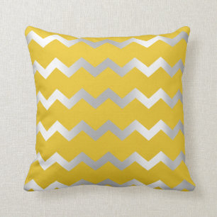 Chevron Silver Grey Graphite Yellow Metall Lines Throw Pillow
