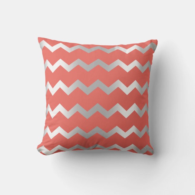 Chevron Silver Grey Grey Stripes Lines Coral Throw Pillow (Front)