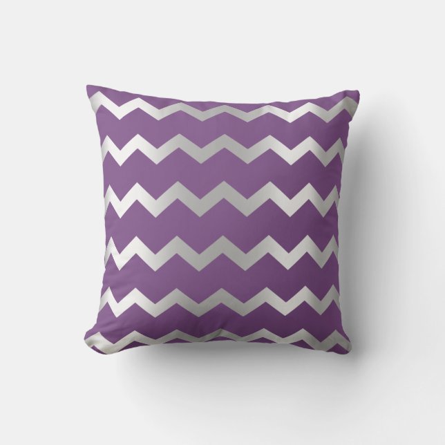Chevron Silver Grey Purple Amethyst Metal Stripes Throw Pillow (Front)