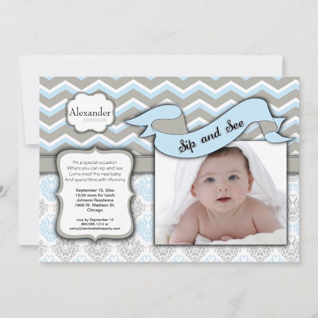 Chevron Sip And See New Baby Boy Photo Template (Front)