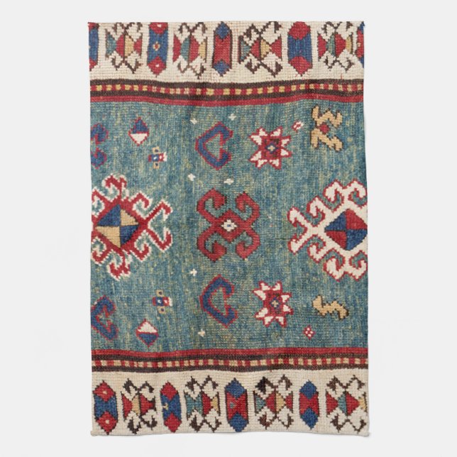 Chevron Stars :: 19th Century Colourful Steel Blue Kitchen Towel (Vertical)
