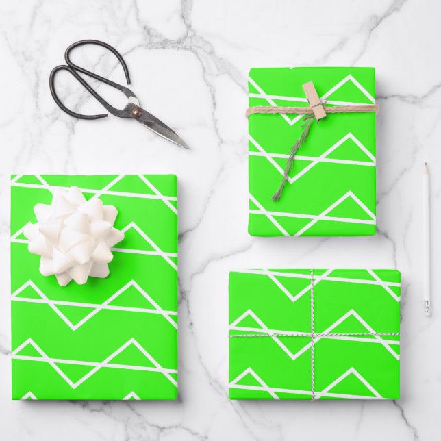 Chevron Stripe Neon Green White Geometric Pattern Wrapping Paper Sheet (Front)