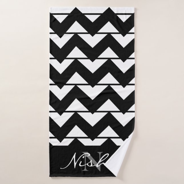 Chevron Stripe noir et blanc Monogramme (Serviette de bain)